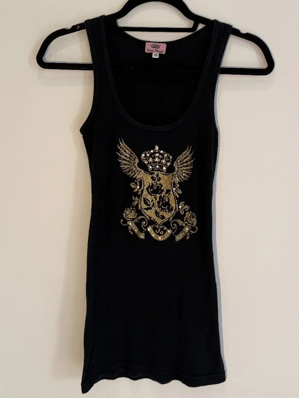Yvette Mandell black long tank top with gold griffin / shield - Picture 2 of 6